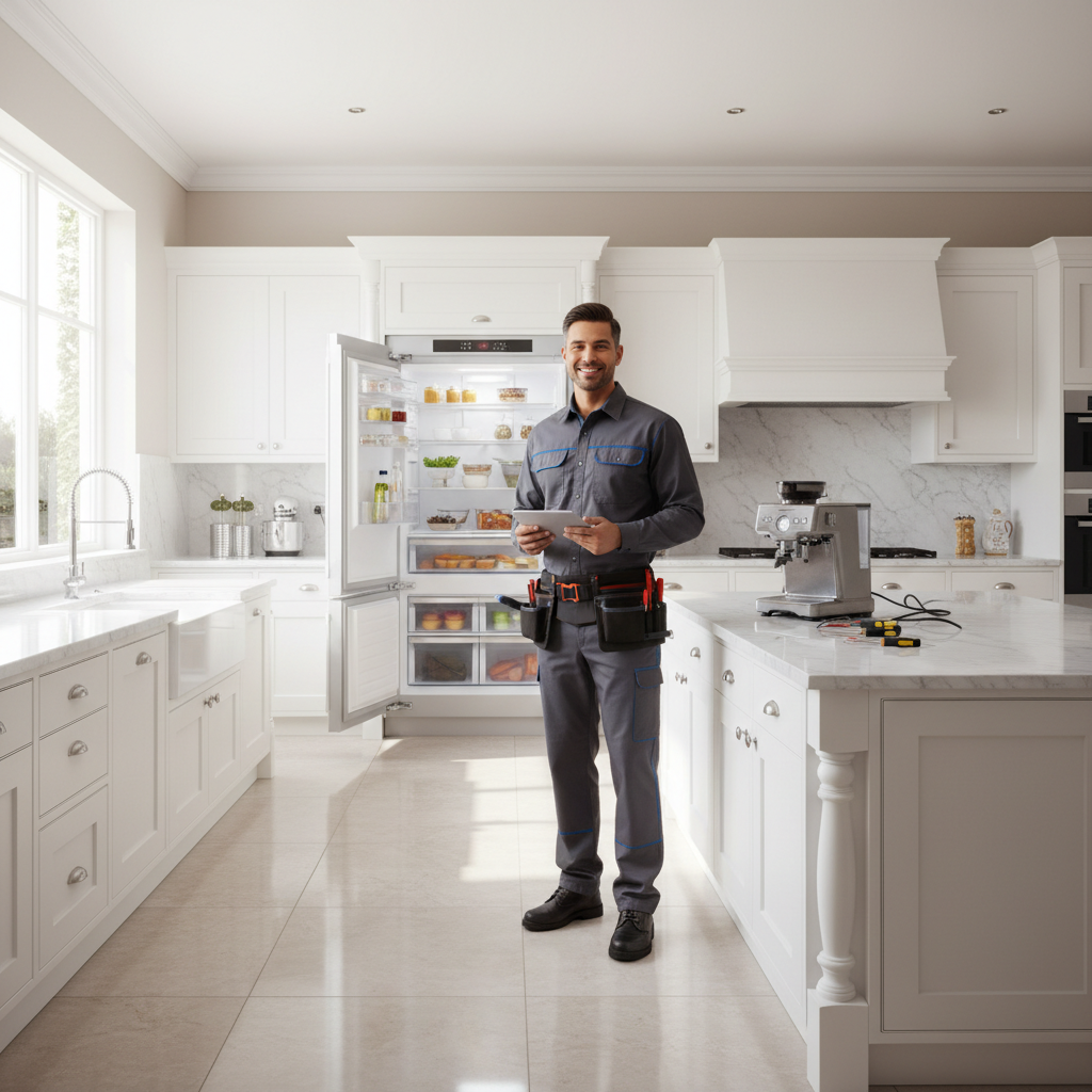 Smiling appliance repair technician standing in a modern bright kitchen