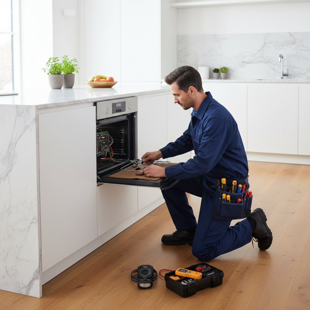 Technician repairing a built-in oven in a modern kitchen